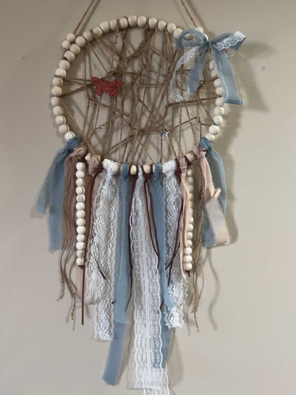 Handmade Boho Dreamcatcher Wall Hanging in Blue, White & Tan